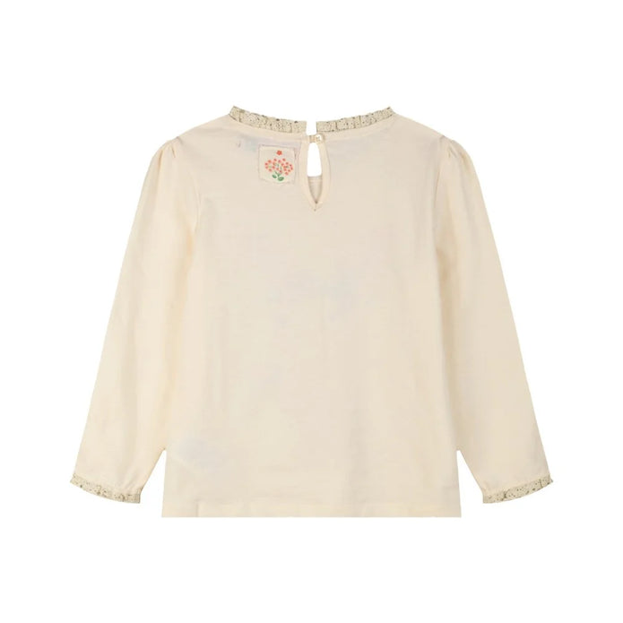 Μακρυμάνικη παιδική μπλούζα σε εκρού χρώμα με σχέδιο χαριτωμένου λαγού, διακοσμητικές λεπτομέρειες από λουλούδια και δαντέλα, ιδανική για κομψές και παιχνιδιάρικες εμφανίσεις για κορίτσι 