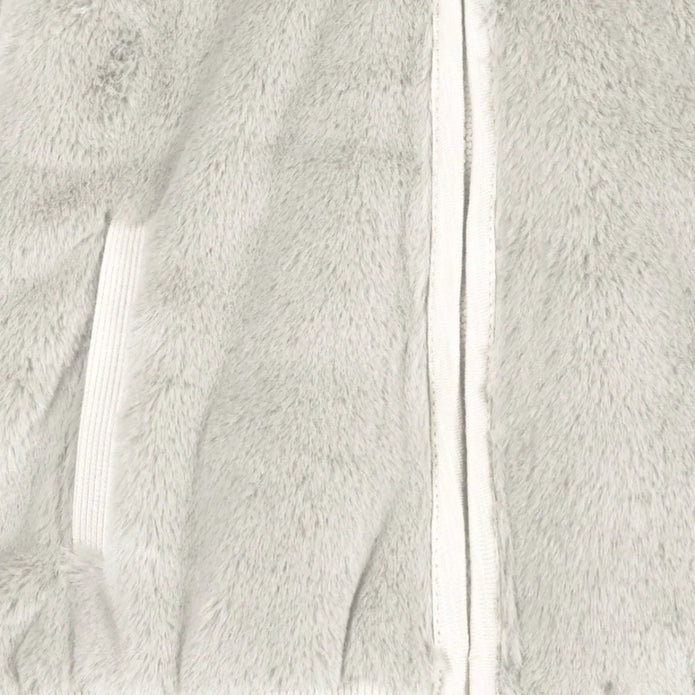 Παιδικό μπουφάν γούνας σε εκρού χρώμα, με φερμουάρ και ριπ λεπτομέρειες στη μέση και τα μανίκια, ιδανικό για ζεστές και κομψές χειμερινές εμφανίσεις για κορίτσι