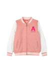 Παιδικό μπουφάν ζακέτα κολεγιακή για κορίτσι  τύπου varsity σε ροζ και λευκές αποχρώσεις με κεντημένο γράμμα 