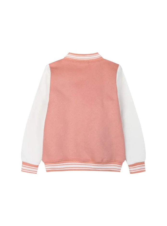 Παιδικό μπουφάν ζακέτα κολεγιακή για κορίτσι  τύπου varsity σε ροζ και λευκές αποχρώσεις με κεντημένο γράμμα 