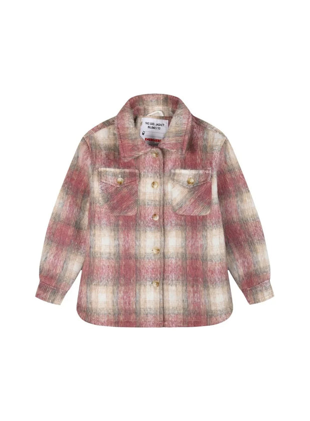 Παιδικό καρό πουκάμισο-ζακέτα σε αποχρώσεις του ροζ και μπεζ, με μακριά μανίκια και κουμπιά μπροστά. Διαθέτει δύο μπροστινές τσέπες με καπάκι, ιδανικό για casual και μοντέρνες εμφανίσεις.