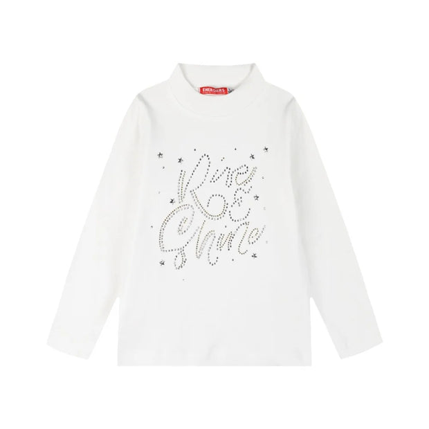 Παιδική λευκή μπλούζα με μακρύ μανίκι και διακοσμητικό μήνυμα 'Rise & Shine' με αστραφένιες λεπτομέρειες. Ιδανική για στυλάτες και casual εμφανίσεις.