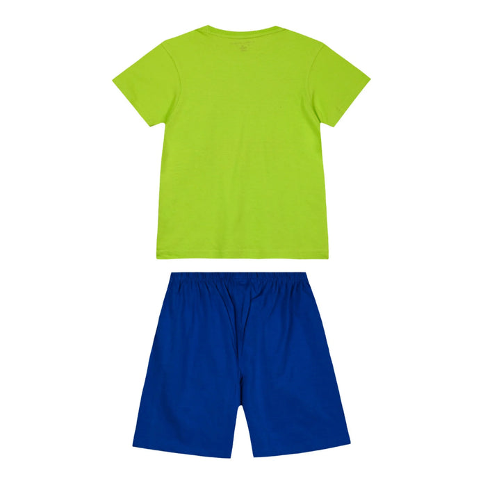 Παιδικές πιτζάμες για αγόρια με πράσινο κοντομάνικο μπλουζάκι και τύπωμα 'Roarsome' σε πολλαπλά χρώματα, συνδυασμένες με μπλε σορτς.