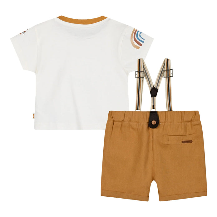 Λευκό παιδικό μπλουζάκι με μουσταρδί σορτσάκι και αποσπώμενες τιράντες. Μοντέρνα και πρακτική επιλογή για βρέφη.