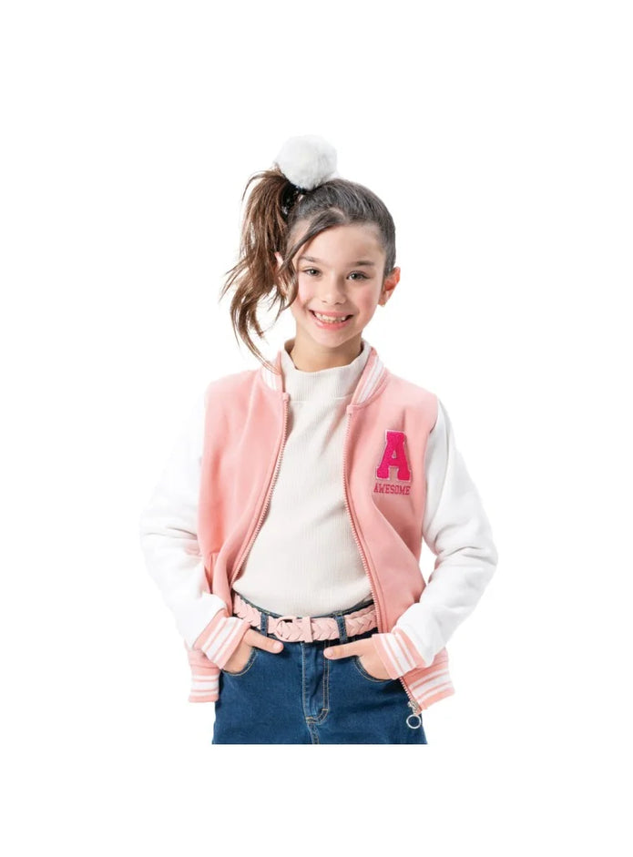 Παιδικό μπουφάν ζακέτα κολεγιακή για κορίτσι  τύπου varsity σε ροζ και λευκές αποχρώσεις με κεντημένο γράμμα 