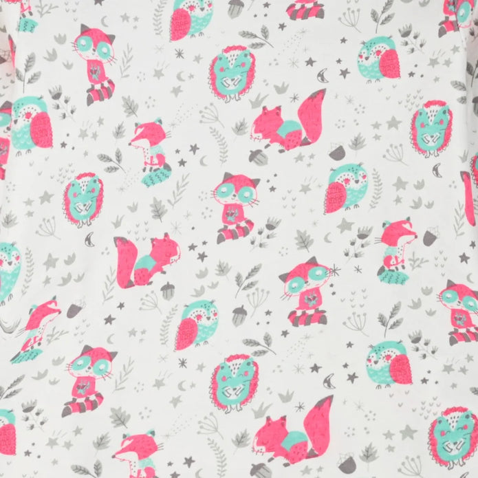 Παιδικές πιτζάμες για κορίτσια με λευκή μπλούζα και παντελόνι, διακοσμημένα με χαριτωμένα μοτίβα σε ροζ και γαλάζιες αποχρώσεις, όπως ζώα και κορνίζες.