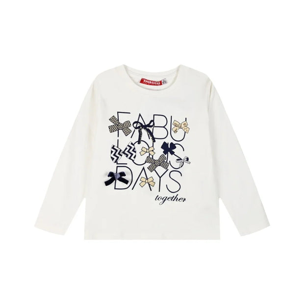 Μπλούζα για κορίτσια σε λευκό χρώμα, διακοσμημένη με διάφορους φιόγκους και τη φράση "Fabulous Days Together". Ιδανική για κομψές εμφανίσεις.