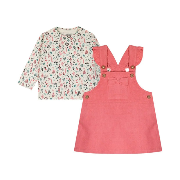 Σετ βρεφικών ρούχων για κορίτσι που περιλαμβάνει φλοράλ μακρυμάνικη μπλούζα και ροζ φόρεμα σαλοπέτα με βολάν και διακοσμητικό φιόγκο. Χαριτωμένο και κομψό για ιδιαίτερες εμφανίσεις
