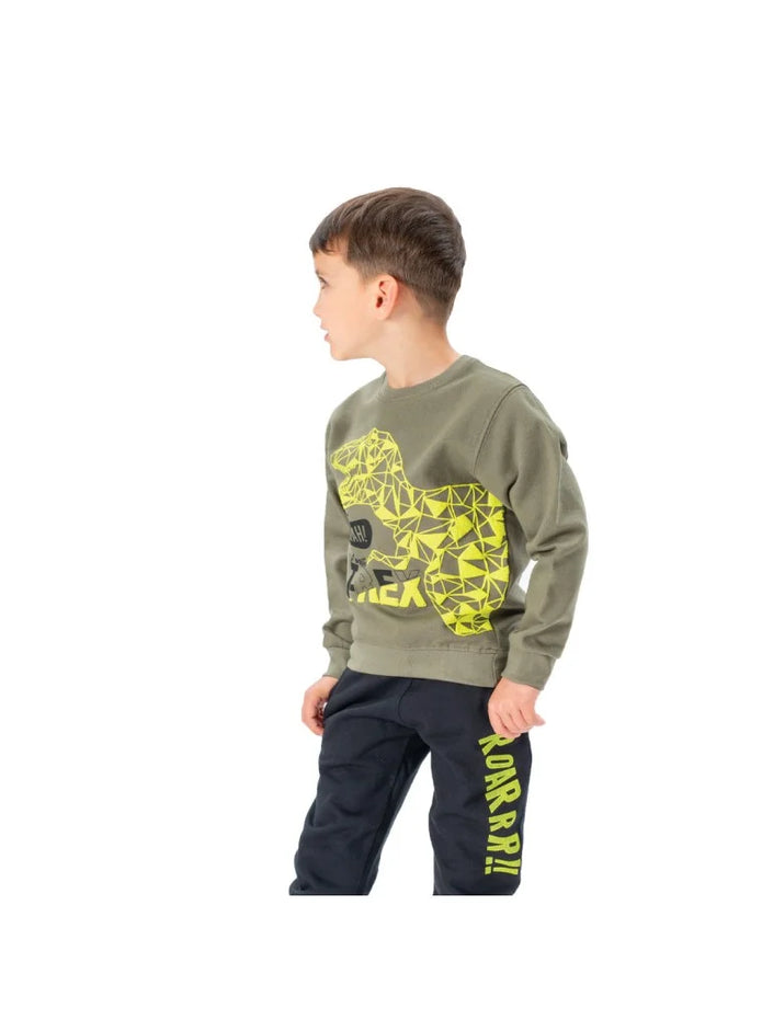 Αγόρι φορά πράσινη μπλούζα με σχέδιο T-Rex και μπλε παντελόνι με το μήνυμα 'Roarrr!