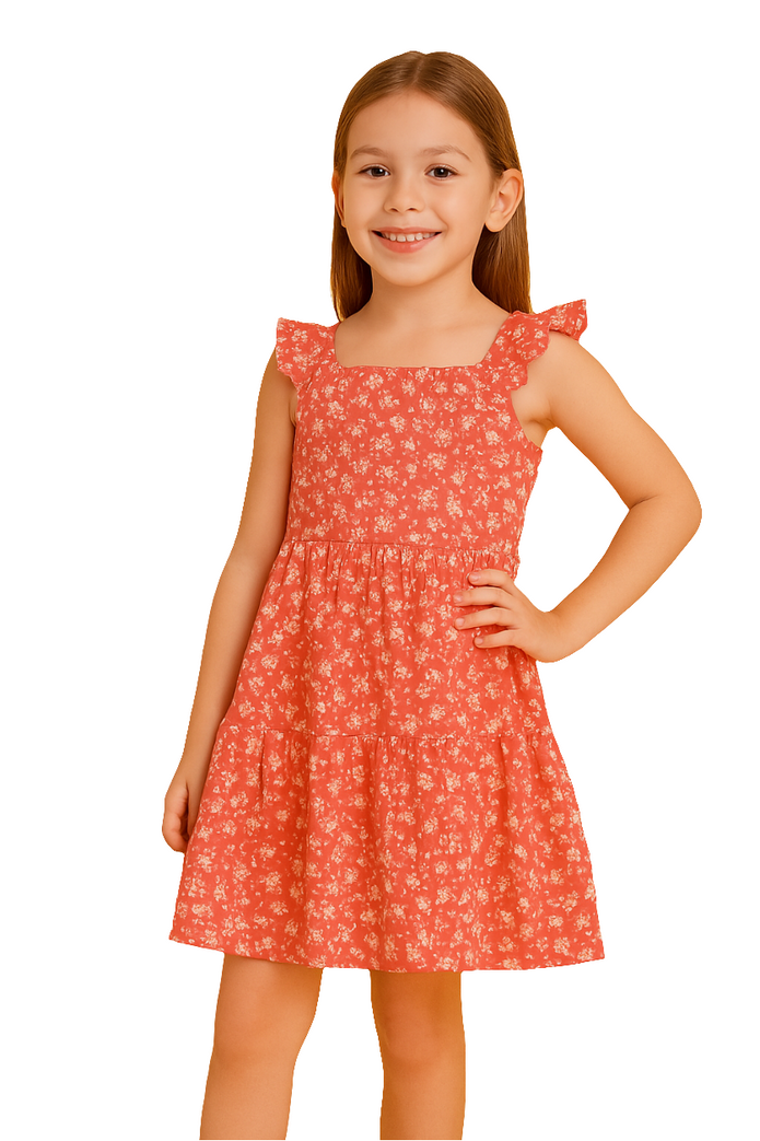 Energiers Παιδικό Καλοκαιρινό Φόρεμα  Κοραλλί με Λουλουδάτο Μοτίβο & Τιράντες με Βολάν