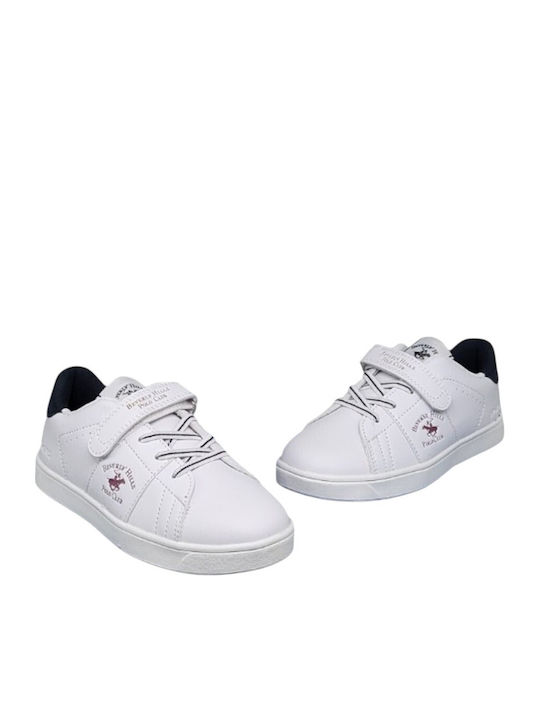 Beverly Hills Polo Club παιδικά λευκά sneakers με σκρατς, ελαστικά κορδόνια και μπλε λεπτομέρεια