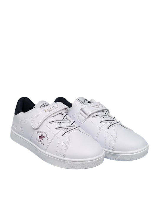 Beverly Hills Polo Club παιδικά λευκά sneakers με σκρατς, ελαστικά κορδόνια και μπλε λεπτομέρεια