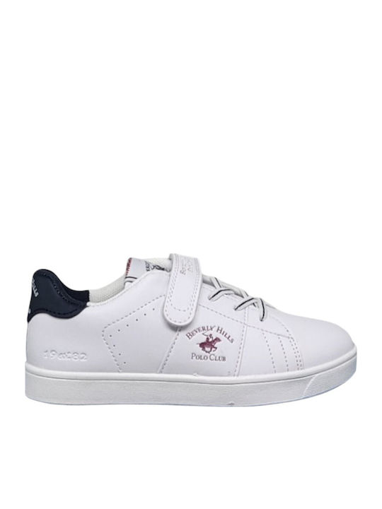 Beverly Hills Polo Club παιδικά λευκά sneakers με σκρατς, ελαστικά κορδόνια και μπλε λεπτομέρεια