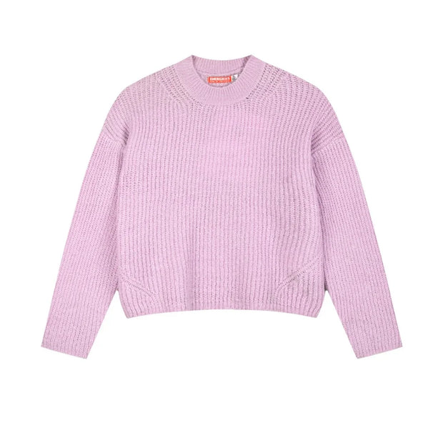 Μπροστινή όψη ροζ πλεκτού παιδικού πουλόβερ με στρογγυλή λαιμόκοψη.