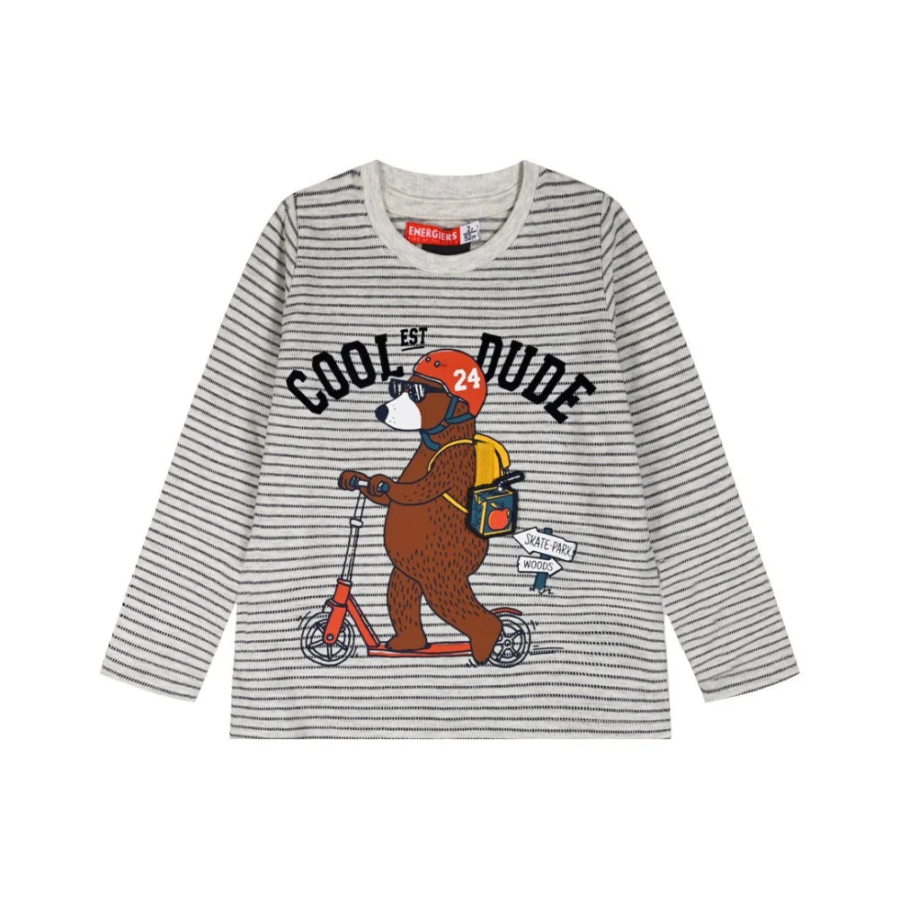 Αγορίστικη μπλούζα Energiers με ρίγες και στάμπα αρκούδα σε πατίνι στο μπροστινό μέρος