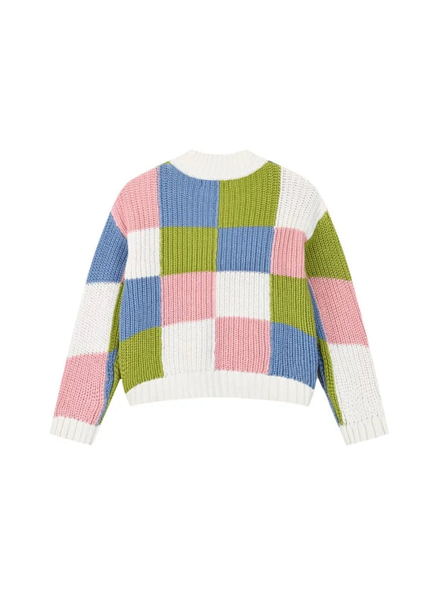 Πίσω όψη κοριτσίστικου πλεκτού πουλόβερ Energiers με καρό πολύχρωμο σχέδιο