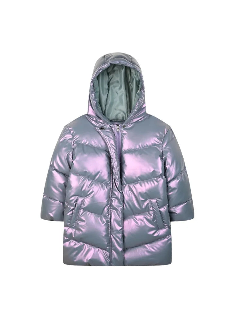 Ιριδίζον μεταλλιζέ παιδικό μπουφάν Energiers με κουκούλα και τσέπες – μπροστινή όψη.