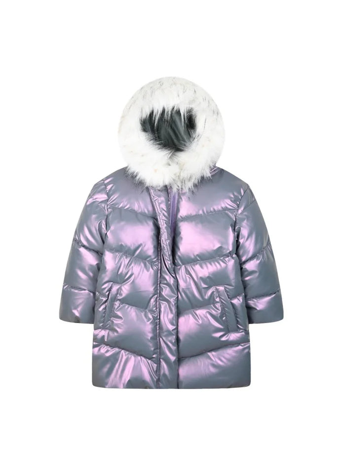 Ιριδίζον μεταλλιζέ παιδικό μπουφάν Energiers με κουκούλα και αποσπώμενη λευκή γούνα – μπροστινή όψη.