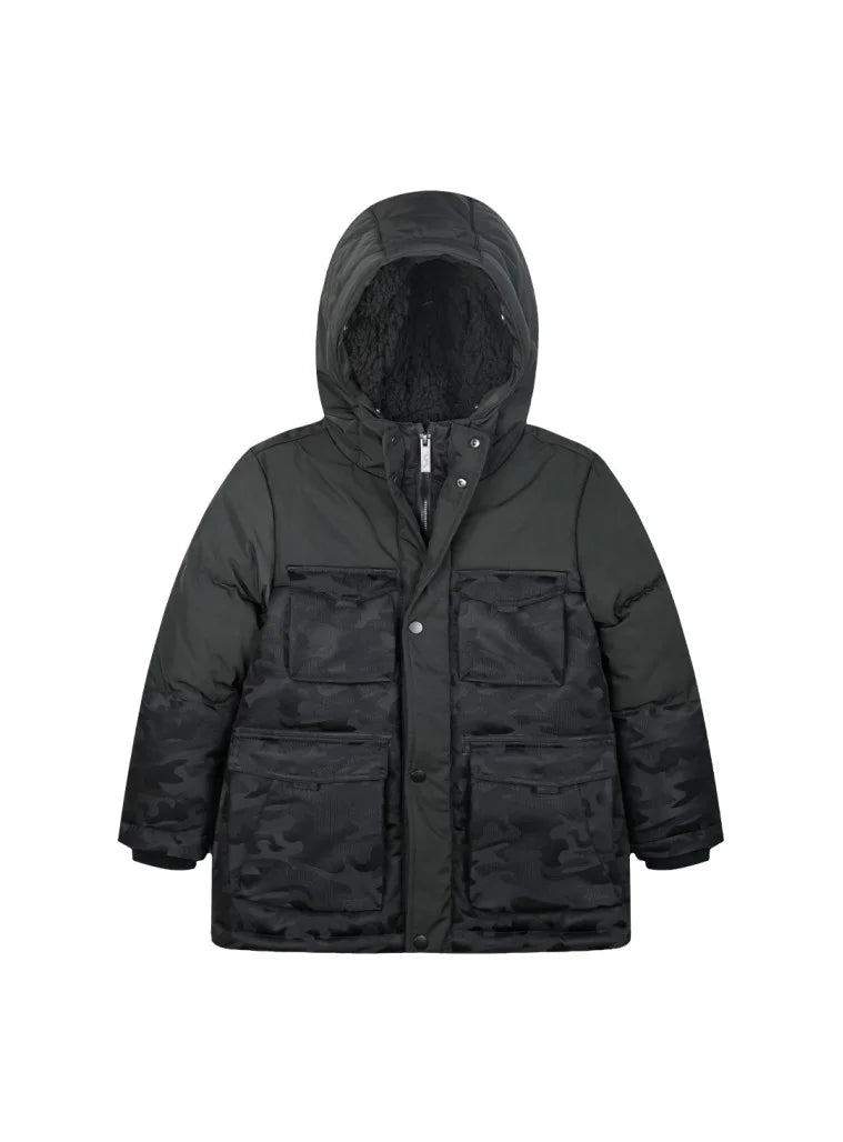 Παιδικό μπουφάν parka Energiers σε μαύρο χρώμα με παραλλαγή και κουκούλα με γούνα – μπροστινή όψη.
