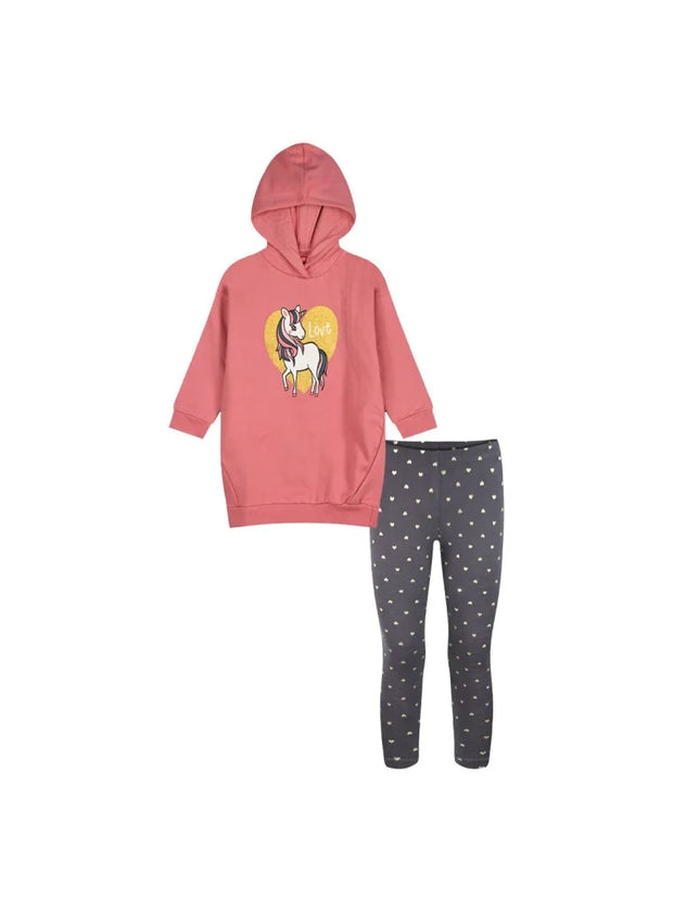 Παιδικό σετ Energiers με ροζ φούτερ με κουκούλα και στάμπα μονόκερο “Love” και γκρι κολάν με καρδούλες – μπροστινή όψη.