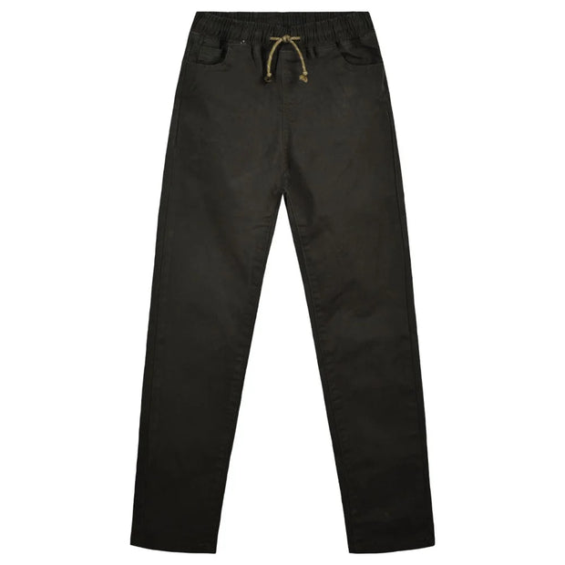 Εμπρόσθια όψη παντελονιού σε σκούρο χακί χρώμα με ελαστική μέση και κορδόνι ρύθμισης.