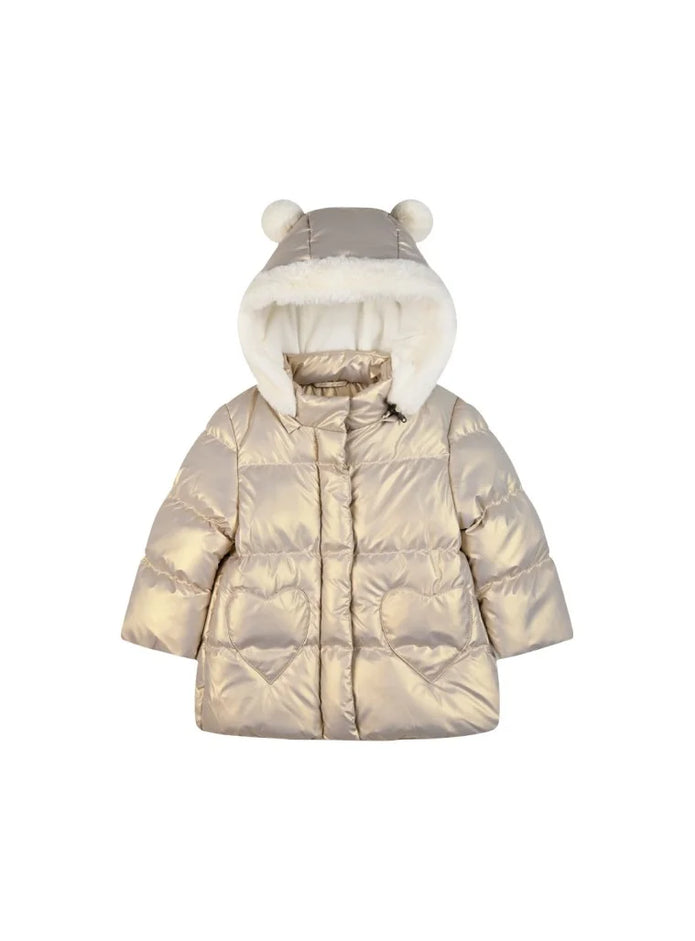 ρεφικό μεταλλιζέ μπουφάν Energiers σε σαμπανί χρώμα με κουκούλα, χνουδωτή επένδυση και λεπτομέρειες αυτάκια – μπροστινή όψη.