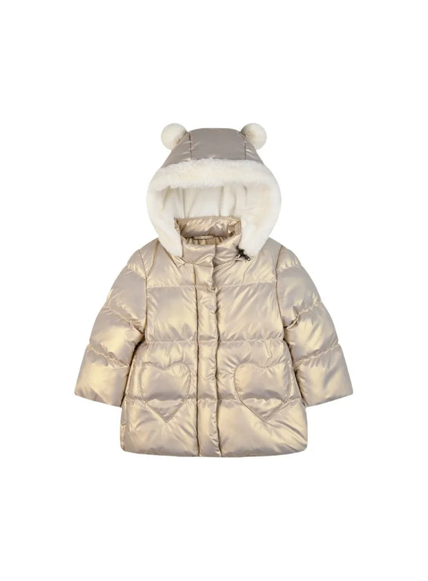 ρεφικό μεταλλιζέ μπουφάν Energiers σε σαμπανί χρώμα με κουκούλα, χνουδωτή επένδυση και λεπτομέρειες αυτάκια – μπροστινή όψη.