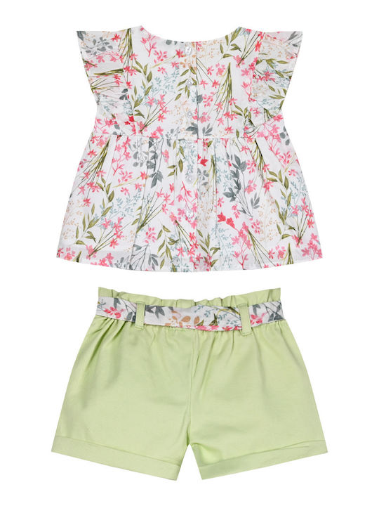 Βρεφικό σετ για κοριτσάκι που περιλαμβάνει φλοράλ μπλούζα με μοτίβα λουλουδιών και πράσινο σορτσάκι με ζωνάκι στο ίδιο σχέδιο.
βρεφικό σετ για κορίτσι