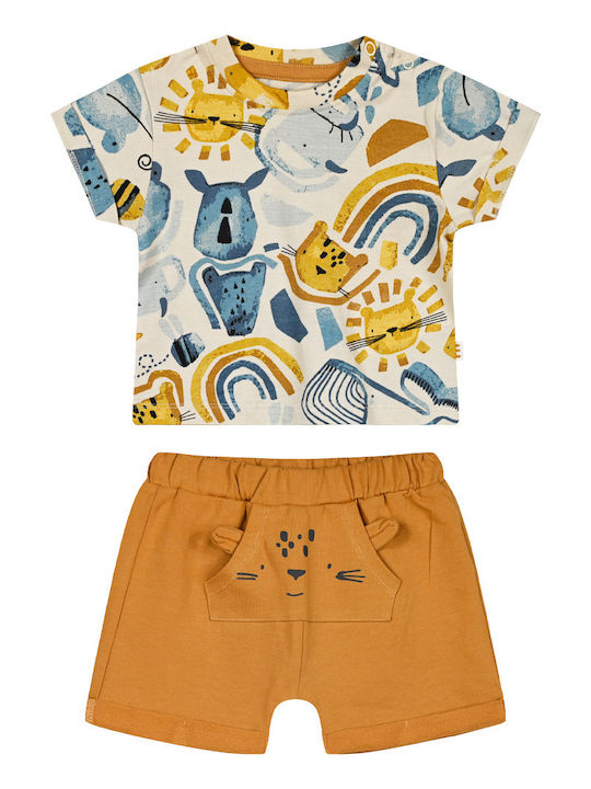 Σετ παιδικό  βρεφικό ρούχο με πολύχρωμο μπλουζάκι γεμάτο ζωάκια, ουράνια τόξα και ήλιους, και μελί σορτσάκι με διακοσμητικό τσεπάκι σε σχήμα ζωάκι.