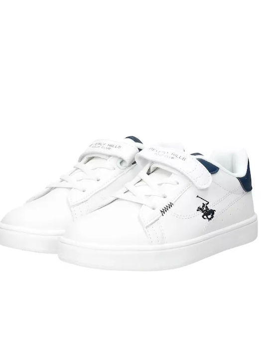 Παιδικά λευκά sneakers Beverly Hills Polo Club με μπλε λεπτομέρειες και αυτοκόλλητο κλείσιμο

