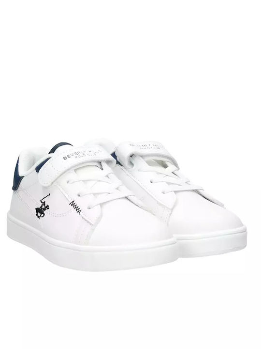 Παιδικά λευκά sneakers Beverly Hills Polo Club με μπλε λεπτομέρειες και αυτοκόλλητο κλείσιμο

