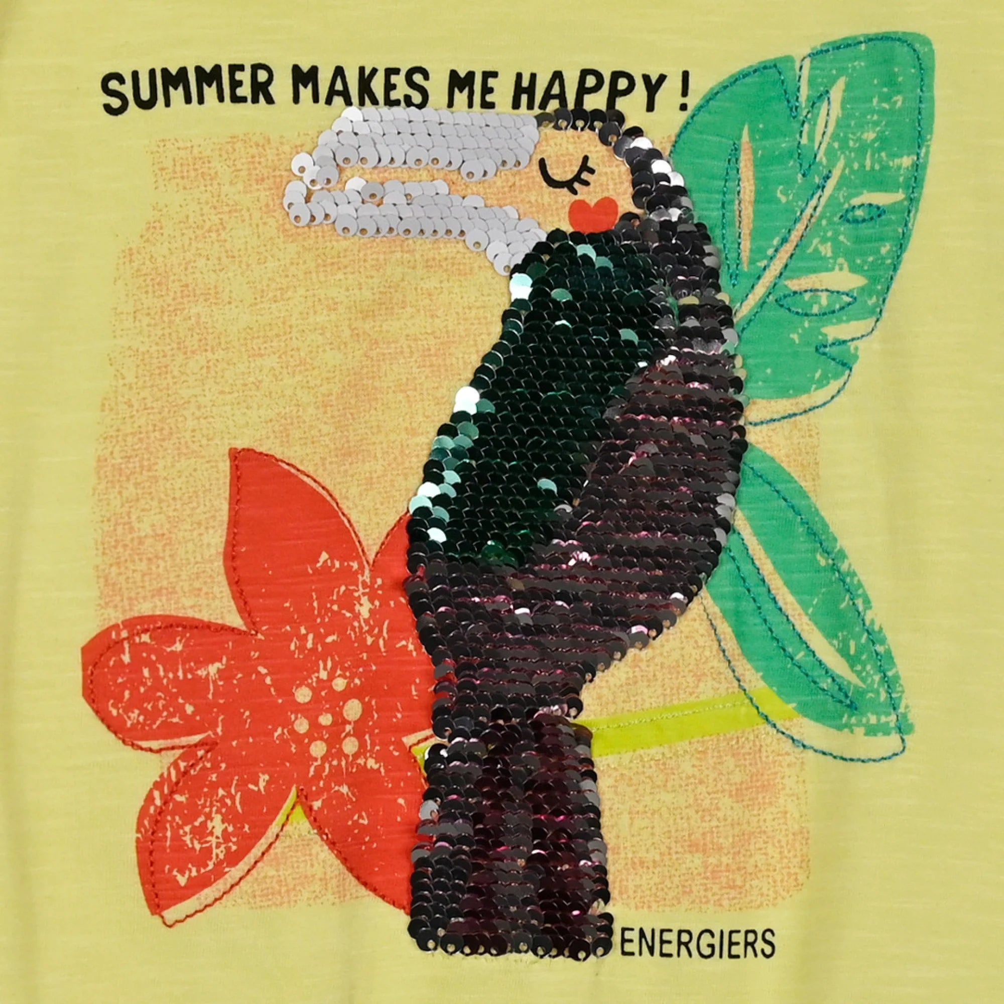 Κοντομάνικη μπλούζα με σχέδιο τουκάν με παγιέτες και λουλούδια σε ανοιχτό κίτρινο χρώμα.