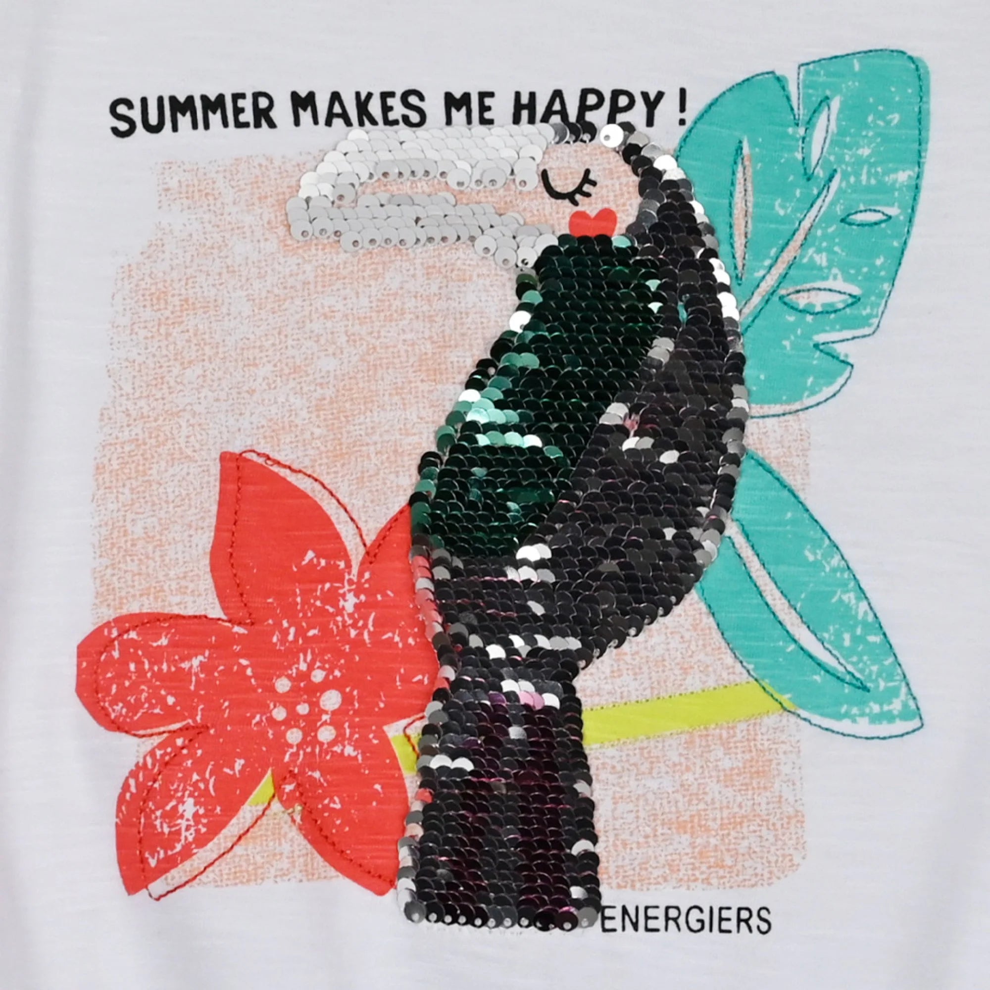 Κοντομάνικη μπλούζα με τουκάν από παγιέτες και λουλούδια σε λευκό χρώμα