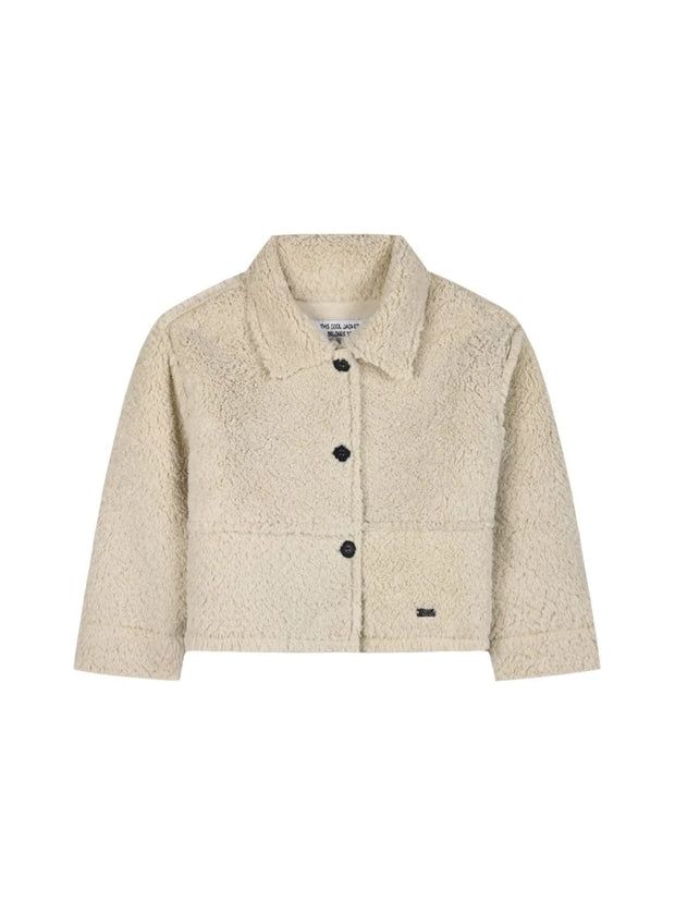 Μπροστινή όψη παιδικού μπουφάν fleece σε μπεζ χρώμα.