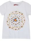 Παιδικό λευκό T-shirt με σχέδιο λουλούδια και κείμενο 'I love me' σε κυκλικό μοτίβο.