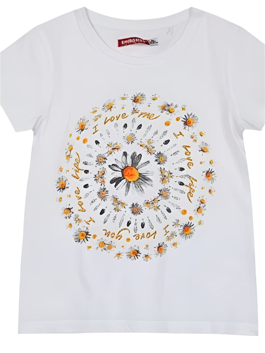 Παιδικό λευκό T-shirt με σχέδιο λουλούδια και κείμενο 'I love me' σε κυκλικό μοτίβο.