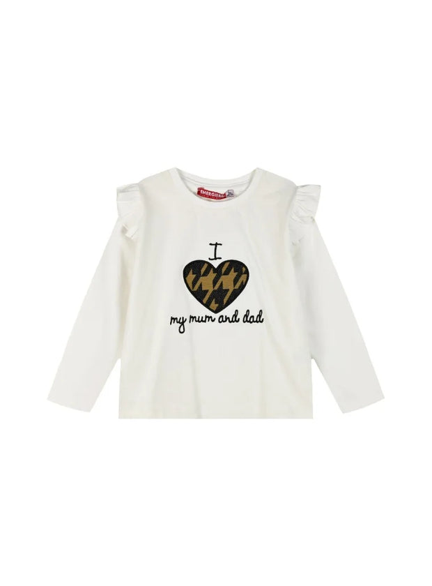 Παιδική μπλούζα με σχέδιο καρδιά και μήνυμα 'I love my mum and dad' σε λευκό χρώμα.