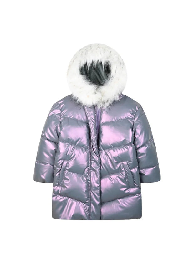Ασημί παιδικό μπουφάν με λευκή γούνα στην κουκούλα, ζεστό και μοντέρνο για το χειμώνα.