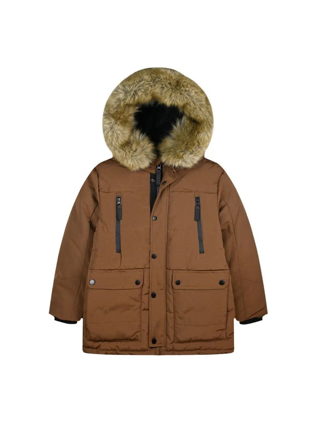 Καφέ παιδικό μπουφάν με κουκούλα και γούνα, μπροστινή όψη για χειμερινή χρήση.