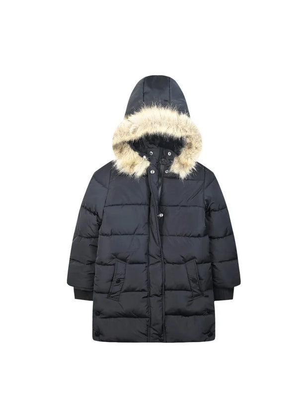 Μαύρο παιδικό μπουφάν με γούνα στην κουκούλα, μοντέρνο και ζεστό για το χειμώνα.