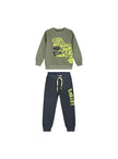 Παιδικό σετ με πράσινη μπλούζα με σχέδιο T-Rex και μπλε παντελόνι με κίτρινη εκτύπωση 'Roarrr!!