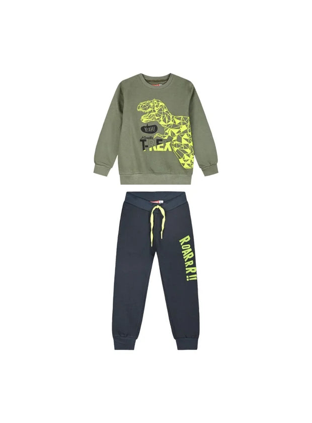 Παιδικό σετ με πράσινη μπλούζα με σχέδιο T-Rex και μπλε παντελόνι με κίτρινη εκτύπωση 'Roarrr!!