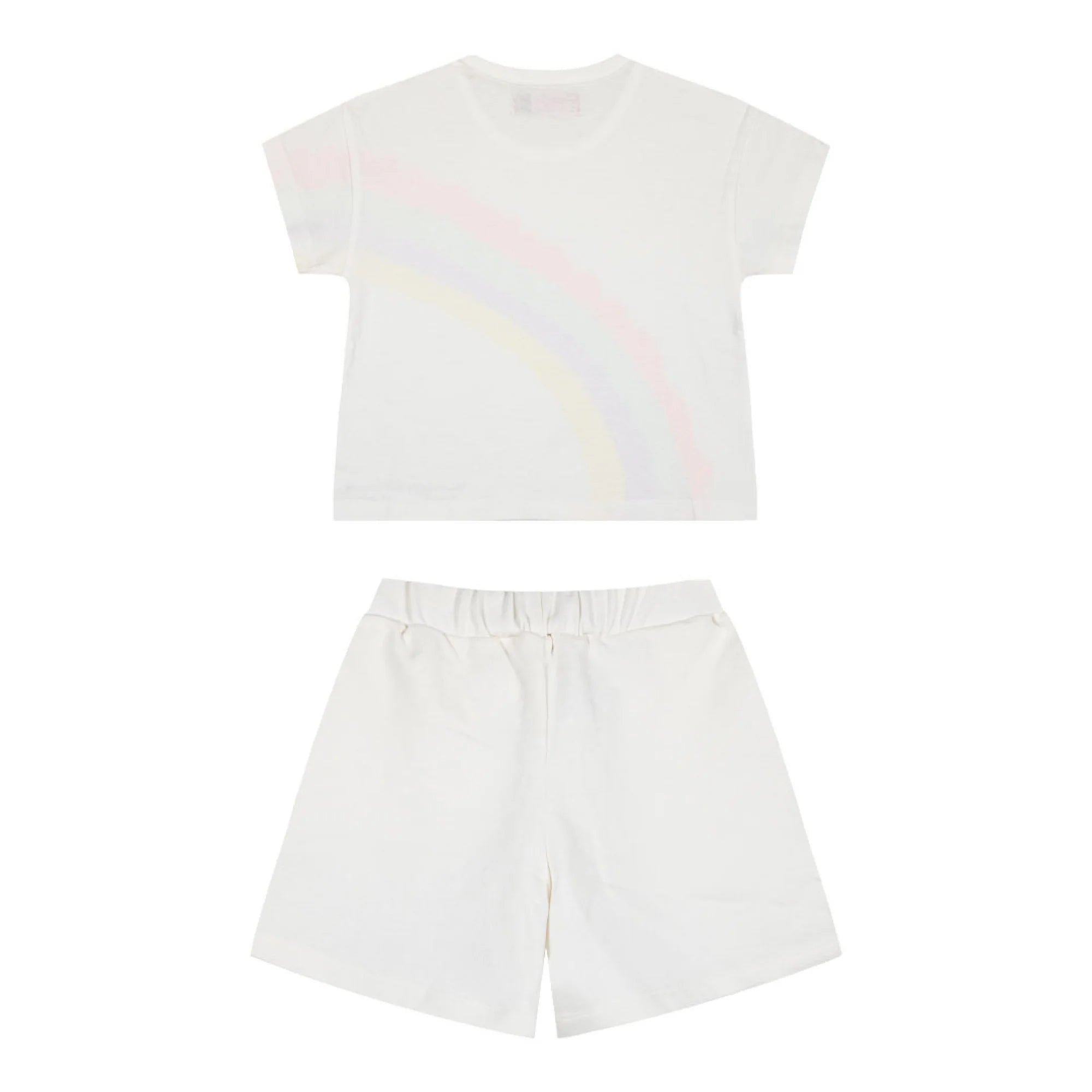 Πίσω όψη του λευκού σετ με πολύχρωμο σχέδιο ουράνιου τόξου και λευκή βάση.