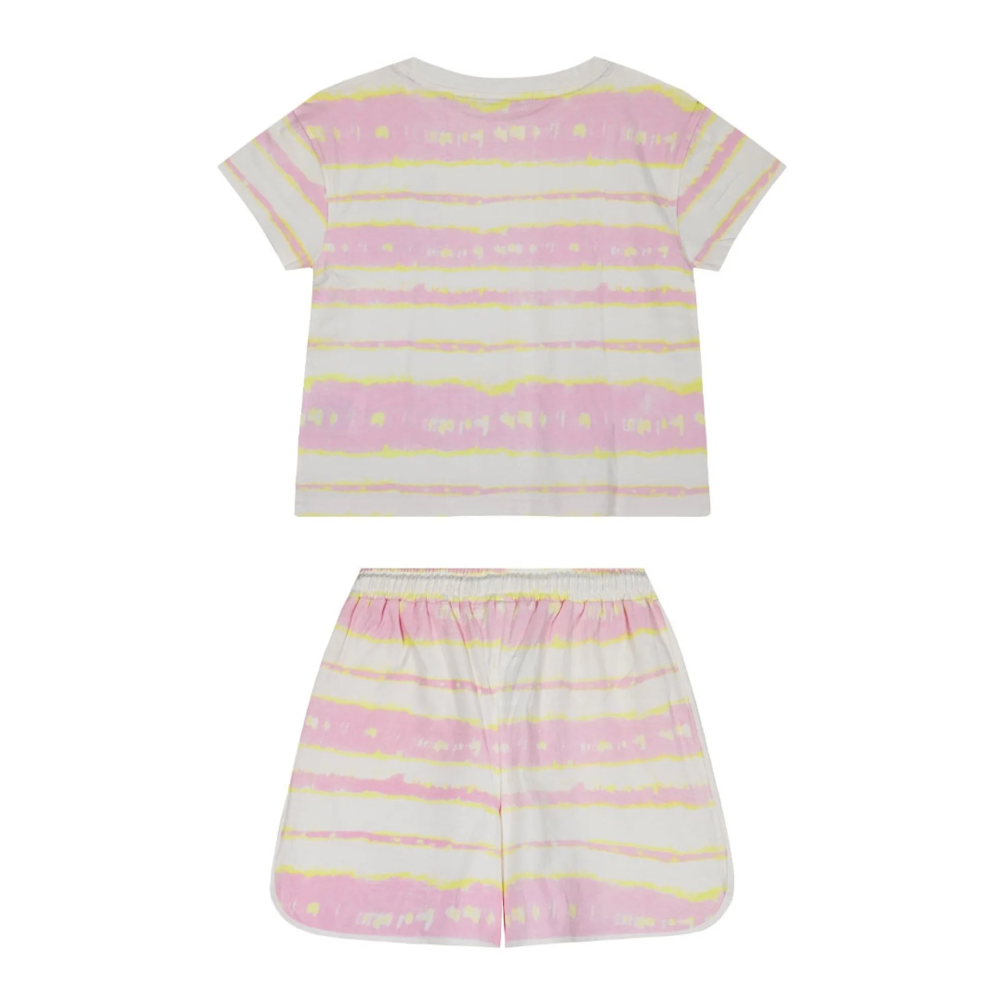  Σετ παιδικό κοριτσίστικο με ριγέ μπλουζάκι σε ροζ και κίτρινο χρώμα και σορτσάκι με αντίστοιχο μοτίβο. Το μπλουζάκι έχει διακριτική στάμπα με την επιγραφή 
