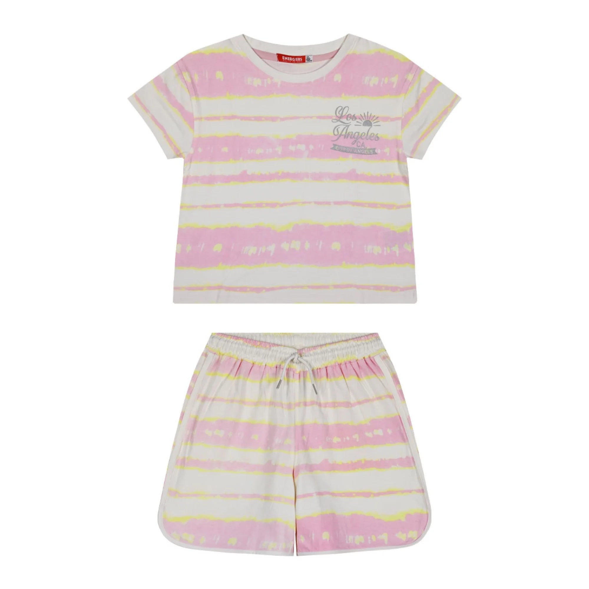  Σετ παιδικό κοριτσίστικο με ριγέ μπλουζάκι σε ροζ και κίτρινο χρώμα και σορτσάκι με αντίστοιχο μοτίβο. Το μπλουζάκι έχει διακριτική στάμπα με την επιγραφή 