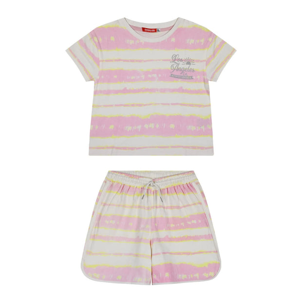  Σετ παιδικό κοριτσίστικο με ριγέ μπλουζάκι σε ροζ και κίτρινο χρώμα και σορτσάκι με αντίστοιχο μοτίβο. Το μπλουζάκι έχει διακριτική στάμπα με την επιγραφή "Los Angeles CA - City of Angels".